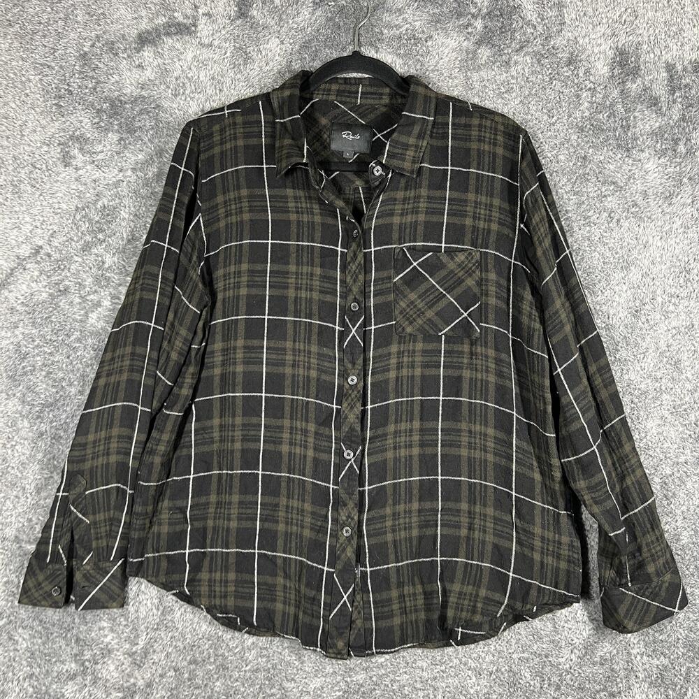 Rails Button-Up Womens L Green Rayon Plaid Relaxed Fit Pockets Casual Fall